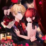  +_+ 1boy 1girl arima_kana bare_back black_dress black_vest blonde_hair blue_eyes bob_cut candle chocolate closed_mouth dress falling_petals flower happy_valentine highres hoshino_aquamarine inverted_bob light_smile lilac10ry looking_at_viewer oshi_no_ko petals red_eyes red_flower red_hair red_rose rose short_hair valentine vest 