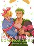  2020 2boys beard_stubble birthday blonde_hair blue_shirt bound bound_legs bound_wrists bow carrying closed_eyes collarbone collared_shirt commentary confetti dated earrings facial_hair green_hair green_kimono hair_bow hair_over_eyes happy_birthday haramaki highres japanese_clothes jewelry kimono long_bangs male_focus multiple_boys multiple_swords mustache_stubble neck_ribbon one_piece open_mouth pants party_popper pink_ribbon princess_carry ribbon roronoa_zoro sanji_(one_piece) scar scar_across_eye scar_on_face shirt short_hair simple_background single_earring smile stubble sword v-shaped_eyebrows weapon white_background yuu_shishio 