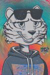 anthro clothed clothing digital_media_(artwork) eyewear felid fur glitch hi_res male mammal monochrome_fur pantherine serious solo striped_body stripes sunglasses sweater tiger topwear zack_(zak898) zak898