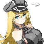  1girl absurdres anchor_ornament arms_under_breasts bare_shoulders bigkwl bismarck_(kancolle) blonde_hair blue_eyes bodysuit breasts closed_mouth commentary_request dated elbow_gloves gloves grey_bodysuit hair_between_eyes hat highres kantai_collection large_breasts long_hair looking_at_viewer military_hat military_uniform peaked_cap sideboob smile solo twitter_username uniform upper_body white_background 