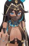  1girl 1other :d absurdres animal_ears anubis_(palworld) bare_shoulders black_bridal_gauntlets black_hair blue_eyes blue_gemstone blue_hair blue_nails blush breast_curtains breasts bridal_gauntlets circlet dark-skinned_female dark_skin egyptian fingernails gem gold_ring hair_between_eyes highres jackal_ears jackal_girl jewelry large_breasts light_blue_hair long_fingernails long_hair midriff multicolored_hair multicolored_nails necklace open_mouth palworld personification pov pov_hands reiko_lape ring simple_background smile solo_focus striped_nails teeth twitter_username two-tone_hair two-tone_nails upper_teeth_only veil white_background yellow_nails 