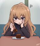  1girl ? aisaka_taiga black_sweater blush brown_eyes cake chocolate_cake commentary dot_nose food food_on_face fork hair_between_eyes hand_on_own_face hands_up highres holding holding_fork indoors jitome koonowen light_brown_hair long_hair long_sleeves looking_at_viewer open_mouth raised_eyebrow sidelocks signature solo straight_hair sweater symbol-only_commentary table toradora! triangle_mouth upper_body 