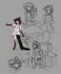 anthro bottomwear box brown_body brown_fur chair clothing computer container domestic_cat dress electronics felid feline felis female fur furniture grey_background hi_res keyboard kneeling mammal office_chair puppywives simple_background sketch sketch_page skirt solo
