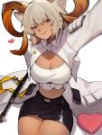  1girl animal_ear_fluff animal_ears arknights arm_behind_back arm_support arm_up belt black_belt black_skirt breasts brown_horns buckle carnelian_(arknights) chest_strap cleavage coat collared_coat commentary cowboy_shot crop_top cropped_shirt dark_skin distr drop_shadow english_commentary eyelashes from_above goat_ears goat_girl goat_horns grey_hair grin half-closed_eyes head_tilt heart highres horns invisible_floor large_breasts legs_together long_sleeves looking_at_viewer looking_up midriff miniskirt navel parted_lips pencil_skirt pocket red_eyes scabbard shadow sheath sheathed shiny_clothes shirt short_hair simple_background sitting skirt smile snap-fit_buckle solo stomach straight-on strap sword teeth thighs underbust weapon white_background white_coat white_shirt wing_collar 