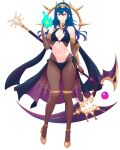  1girl absurdres alternate_costume ass_visible_through_thighs bikini blue_hair bodystocking breasts bridal_gauntlets dark_persona elbow_gloves evil_smile eyes_of_grima fire_emblem fire_emblem_awakening gloves grima_(fire_emblem) grin highres holding holding_staff long_hair looking_at_viewer lucina_(fire_emblem) navel red_eyes side-tie_bikini_bottom simple_background small_breasts smile solo staff swimsuit tiara truejekart white_background 