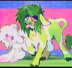 ambiguous_gender bovid bovine canid canine canis cattle domestic_dog duo feral fr34kpet fur green_body green_fur green_hair hair mammal scene_kid white_body white_fur wynter_(fr34kpet)