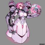  1girl absurdres breasts commission frown grey_background hair_between_eyes highres kaibootsu large_breasts looking_at_viewer mecha original pink_hair robot signature solo 