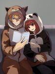  +_+ 1boy 1girl animal_ears arima_kana black_pajamas blonde_hair blue_eyes bob_cut book brown_pajamas closed_mouth dog_ears highres holding holding_book hoshino_aquamarine inverted_bob open_mouth oshi_no_ko pajamas panda_ears reading red_eyes red_hair redlittleplum short_hair sitting smile valentine 