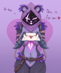 &lt;3 2024 absurd_res anthro armor bear belt big_breasts blush breasts clothing digital_media_(artwork) dmoon english_text epic_games eye_scar eyes_closed facial_scar female fortnite fur gloves hair handwear hi_res hood letter looking_at_viewer mammal open_mouth purple_body purple_fur raven_team_leader scar shadow_face simple_background smile solo text thick_thighs