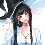  1girl :p absurdres black_hair black_headwear dress earrings hat head_tilt highres hoop_earrings jewelry long_sleeves looking_at_viewer lumeru_33 original simple_background smile solo tongue tongue_out two-sided_fabric two-sided_headwear white_background white_dress witch witch_hat 