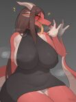 alicia_(homuro) anthro big_breasts blush bodily_fluids breasts brown_hair clothed clothing dragon dress fellatio_gesture female gesture hair hi_res homuro horn huge_breasts open_mouth red_body red_scales saliva saliva_string scales scalie sitting solo suggestive suggestive_gesture thick_thighs tongue tongue_out wide_hips wingless_dragon