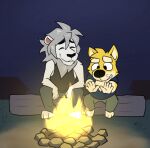 2024 5_fingers anthro barefoot black_clothing black_eyes black_nose black_shirt black_tank_top black_topwear blue_clothing blue_shirt blue_topwear bottomwear campfire canid canine canis closed_smile clothed clothing domestic_dog duo elion_(gabshiba) eyes_closed feet felid fingers fur gab_(comic) gab_shiba gabshiba green_bottomwear green_clothing green_pants head_tuft lion male mammal mane mouth_closed night pantherine pants shiba_inu shirt sitting sitting_on_log smile spitz tank_top topwear tuft warming_hands white_body white_fur white_mane yellow_body yellow_fur