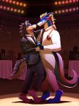 anthro black_tie_(suit) candlelight canid canine canis clothing couple_(disambiguation) dancing dinner dragon favonius hi_res holidays light male mammal rain_dragon romantic sellon spotlight suit teryx teryx_commodore valentine&#039;s_day wolf