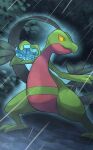  animal_focus black_eyes closed_mouth colored_sclera commentary_request grovyle hakkentai_pokedan highres no_humans outdoors pokemon pokemon_(creature) pokemon_mystery_dungeon pokemon_mystery_dungeon:_explorers_of_time/darkness/sky rain standing time_gear yellow_sclera 