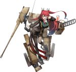  1girl alibina_(marfusha) ash_arms breasts cannon full_body hair_dye hair_ornament hin&#039;yari_(kakukuru) jacket long_hair looking_at_viewer marfusha mecha_musume medium_breasts open_mouth pantyhose red_eyes red_hair shoes transparent_background v weapon 