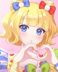  1girl blonde_hair blue_bow blue_eyes blunt_bangs bow commentary_request cone_hair_bun double_bun green_bow hair_bow hair_bun hands_up heart heart_hands highres looking_at_viewer mendamen minami_mirei open_mouth pink_background pretty_series pripara red_bow short_hair simple_background solo twitter_username upper_body 