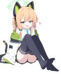  1girl absurdres animal_ear_headphones animal_ears ass black_shorts black_thighhighs blonde_hair blue_archive blue_necktie blush bow collared_shirt fake_animal_ears full_body green_bow green_eyes green_halo hagoonha hair_bow halo headphones heart highres jacket long_sleeves midori_(blue_archive) necktie open_mouth shirt short_hair shorts simple_background smile solo thighhighs white_background white_jacket white_shirt 