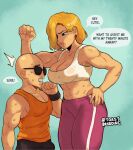  1boy 1girl abs android_18 assertive_female bald blonde_hair breasts bulge cleavage clenched_hand commentary dragon_ball dragon_ball_super dragon_ball_z english_commentary english_text hair_over_one_eye height_difference hetero highres invisible_wall kabedon kuririn large_breasts muscular muscular_female muscular_male orange_tank_top pants purple_pants short_hair speech_bubble sports_bra sunglasses sweat tank_top thick_lips thick_thighs thighs toastbreeding track_pants twitter_username white_sports_bra 