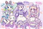  3girls :d alternate_costume alternate_hairstyle animal_ear_hairband animal_ears apron arm_up bandaid bandaid_on_leg blonde_hair blue_hair blue_jacket blunt_bangs bonnet carrot center_frills collared_dress commentary_request decora dress fake_animal_ears frilled_apron frilled_dress frills full_body gradient_hair green_eyes green_hair grey_hair hairband hands_up idol_time_pripara jacket jersey_maid jumping koda_michiru kokichi_yoko long_hair looking_at_viewer loose_socks maid maid_apron mary_janes miichiru_(pripara) multicolored_hair multiple_girls nijiiro_nino open_mouth outline outstretched_arm pink_dress pink_footwear ponytail pretty_series pripara purple_dress purple_eyes purple_footwear rabbit_ears red_eyes ringlets shoes short_hair smile socks speech_bubble track_jacket twintails unconventional_maid very_long_hair waist_apron wavy_hair white_apron white_outline wrist_cuffs yumekawa_yui 