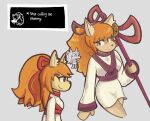 4_fingers accessory annoyed anthro asian_clothing barely_visible_fingers bell bell_bow bow_ribbon breasts brown_eyes canid canine ceroba_(undertale_yellow) clothing curvy_figure east_asian_clothing english_text female fingers fox hair hair_accessory hair_bow hair_ribbon hi_res hourglass_figure inner_ear_fluff japanese_clothing kimono looking_aside mammal olliefloofer ponytail prick_ears red_hair requesting ribbons smile solo staff text tuft undertale_(series) undertale_yellow