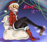  blonde_hair boots breasts censored christmas disembodied_penis footjob hat knee_boots latex medium_breasts naughty_face original pantyhose penis red_eyes sack santa_costume santa_hat seritsumi shoes short_hair single_shoe sitting solo_focus 