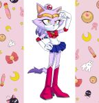  1girl absurdres animal_ears bishoujo_senshi_sailor_moon blaze_the_cat blue_skirt boots bow cat_ears cat_girl cat_tail circlet cosplay di-dash furry furry_female hair_bun hand_on_own_hip highres knee_boots miniskirt pleated_skirt red_footwear sailor_moon sailor_moon_(cosplay) skirt sonic_(series) tail yellow_eyes 