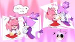  2girls amy_rose animal_ears blaze_the_cat cat_ears cat_girl cat_tail closed_eyes dress forehead_jewel fur-trimmed_gloves fur_trim furry furry_female gloves hairband heart highres laclau349 multiple_girls open_mouth pink_fur ponytail purple_fur red_dress red_hairband smile sonic_(series) speech_bubble tail white_gloves yuri 