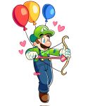  1boy balloon big_nose blue_eyes blue_overalls bow_(weapon) brown_hair cupid facial_hair gloves green_headwear green_shirt hat highres long_sleeves luigi manysart1 mario_(series) mustache one_eye_closed overalls shirt solo weapon white_gloves 