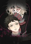  2boys ahoge black_jacket black_necktie brown_eyes brown_hair closed_mouth collared_shirt danganronpa_(series) danganronpa_another_episode:_ultra_despair_girls facial_mark formal gradient_background grey_eyes grey_hair hair_between_eyes heart hinata_hajime jacket komaeda_nagito lao_xiao long_sleeves male_focus medium_hair mittens multiple_boys musical_note_tattoo necktie open_clothes open_jacket parted_lips servant_(danganronpa) shirt teeth translation_request whisker_markings white_shirt 