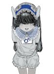  1boy :d arms_behind_back black_hair bloodshot_eyes bloomers blue_hairband blush collared_shirt cowboy_shot eyeball frilled_hairband frilled_shirt_collar frills grey_eyes gym_shirt hairband highres hougetsu_(moon_neetcat) long_hair looking_at_viewer male_focus mars_symbol open_mouth original otoko_no_ko shirt short_sleeves simple_background smile standing white_background white_bloomers white_shirt 