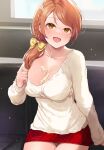  1girl blush bow braid breasts brown_eyes brown_hair chocolate chocolate_on_body chocolate_on_breasts cleavage collarbone food_on_body hair_bow hair_over_shoulder highres hojo_karen idolmaster idolmaster_cinderella_girls indoors long_hair looking_at_viewer medium_breasts mk_(mod0) open_mouth orange_nails plaid plaid_skirt red_skirt shirt single_braid sitting skirt solo white_shirt yellow_bow 