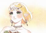  1girl bare_shoulders blonde_hair braid circlet closed_mouth collarbone crown_braid dangle_earrings dress earrings green_eyes highres jewelry parted_bangs pendant_choker pointy_ears princess_zelda short_hair sidelocks solo strapless strapless_dress teardrop the_legend_of_zelda the_legend_of_zelda:_tears_of_the_kingdom thick_eyebrows upper_body wildstar69 yellow_background 