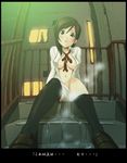  areolae bottomless breasts dress_shirt highres implied_masturbation loafers looking_at_viewer medium_breasts naked_shirt night no_bra no_panties open_clothes open_shirt original pee peeing railing shirt shoes sitting sitting_on_stairs socks solo stairs thighhighs thighhighs_pull translated wadapen wadapen's_short_brown_haired_girl window 
