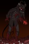 2021 6_horns anthro biped black_body black_clothing black_hair black_sclera blood bodily_fluids bone boots bottomwear claws clothed clothing cyprus_(cy) demon footwear front_view fuf glowing glowing_eyes glowing_hand hair hi_res horn long_hair looking_at_viewer male mammal messy mouse multi_horn murid murine open_mouth pants red_eyes rodent sharp_teeth solo teeth tongue tongue_out