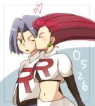  1boy 1girl blue_hair blush closed_eyes embarrassed green_eyes heart james_(pokemon) jessie_(pokemon) kiss kissing_cheek one_eye_closed pino_(girlspowerspirits) pokemon pokemon_(anime) pokemon_(classic_anime) red_hair team_rocket team_rocket_uniform white_background 