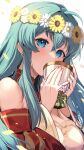  1girl aqua_eyes aqua_hair bare_shoulders chalice commentary_request covering_own_mouth cup detached_sleeves earrings eirika_(fire_emblem) eirika_(valentine)_(fire_emblem) fire_emblem fire_emblem:_the_sacred_stones fire_emblem_heroes flower flower_earrings hair_flower hair_ornament highres holding holding_cup jewelry long_hair looking_at_viewer nakabayashi_zun official_alternate_costume petals sidelocks solo white_background 