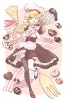  1girl asymmetrical_legwear bakery blonde_hair blue_eyes chef_hat chocolate cookie food fork hat highres holding holding_whisk konata_w1225 looking_at_viewer mario_(series) mismatched_legwear one_eye_closed open_mouth princess_peach shop thighhighs whisk 