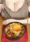  1girl arm_on_table black_bra bowl bra breasts brown_shirt chopsticks cleavage commentary fingernails food holding holding_chopsticks jewelry large_breasts original oyakodon_(food) ring shirt short_sleeves solo symbol-only_commentary table translation_request underwear wedding_ring xter 