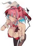  1girl animal_ears bent_over black_tail blue_hair blush bow bowtie breasts brown_pantyhose brown_ribbon candy chocolate chocolate_on_body chocolate_on_breasts collar colored_inner_hair commentary_request demon_tail detached_collar finger_in_own_mouth finger_sucking food food_on_body hair_intakes hair_ribbon hairband heart heart-shaped_chocolate highres kanan-sama_wa_akumade_choroi kanan_(kanan-sama) large_breasts leotard light_blue_hair looking_at_viewer looking_up medium_hair multicolored_hair nonco pantyhose pink_eyes pink_hair playboy_bunny pointy_ears rabbit_ears red_bow red_bowtie red_leotard ribbon sanpaku simple_background solo strapless strapless_leotard streaked_hair striped_ribbon tail two-tone_hair two_side_up white_background white_collar white_hairband white_wrist_cuffs wrist_cuffs 