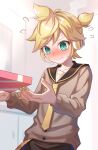  1boy @_@ aroeruji3 black_sailor_collar black_shorts blonde_hair blush box box_of_chocolates buttons collarbone flying_sweatdrops gift gift_box grey_sweater headphones highres indoors kagamine_len male_focus messy_hair necktie sailor_collar short_hair short_ponytail shorts solo sweat sweater valentine vocaloid wavy_hair yellow_nails yellow_necktie 