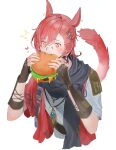  +_+ 1boy ^^^ absurdres animal_ears black_gloves black_scarf burger cat_ears cat_tail final_fantasy final_fantasy_xiv food foodgasm g&#039;raha_tia gloves grey_shirt hair_ornament hairclip heart highres holding jewelry lumeru_33 male_focus miqo&#039;te necklace red_eyes red_hair scarf shirt simple_background solo tail upper_body white_background wide-eyed x_hair_ornament 