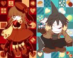  1boy 1girl anchor_symbol back_bow beans black_eyes black_gloves black_pants blue_hair blunt_bangs boots bow box box_of_chocolates braid bright_pupils brown_coat brown_footwear brown_hair candy capelet checkerboard_cookie coat colored_skin cookie dress fins fish_tail food funamusea funamusea_(artist) fur-trimmed_coat fur_trim gift gift_box gloves grey_shirt hair_ribbon hat heart heart-shaped_box holding holding_box holding_gift long_hair macaron muffin official_art oounabara_to_wadanohara outline pants patterned_background pleated_dress red_bow red_capelet red_dress red_footwear red_headwear red_ribbon red_thighhighs ribbon samekichi_(wadanohara) scarf shark_fin shark_tail shirt short_hair sidelocks striped_clothes striped_shirt striped_thighhighs tail thighhighs twin_braids valentine vertical-striped_clothes vertical-striped_thighhighs wadanohara white_outline white_pupils white_scarf white_skin 