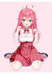  1girl ahoge black_footwear breasts cleavage cleavage_cutout clothing_cutout green_eyes hololive large_breasts looking_at_viewer momoshiki_tsubaki official_art open_mouth paw_pose pink_hair pink_skirt sakura_miko shirt shoes skirt smile solo virtual_youtuber white_shirt 