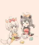  2girls :&gt; animal_ears anteater_ears anteater_tail apron black_hair black_shirt blush bow bowtie brown_eyes center_frills chocolate_making extra_ears frills fur_(clothing) grey_hair hair_between_eyes hair_bow highres kemono_friends kuromitsu_(9633_kmfr) long_hair long_sleeves malayan_tapir_(kemono_friends) multicolored_hair multiple_girls open_mouth orange_apron orange_bow oven_mitts red_apron red_bow shirt short_hair shorts sidelocks sleeve_rolled_up smile southern_tamandua_(kemono_friends) tail tapir_ears tapir_girl tapir_tail white_bow white_bowtie white_hair white_shirt white_shorts 