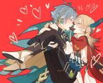  2boys alhaitham_(genshin_impact) black_pants blonde_hair blush bridal_gauntlets carrying feather_hair_ornament feathers genshin_impact grey_hair hair_ornament headphones highres kaveh_(genshin_impact) looking_at_another male_focus medium_hair multiple_boys pants princess_carry red_background red_eyes sami_jen shoes short_hair white_footwear yaoi 