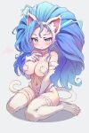  1girl animal_ears big_hair blue_eyes blue_hair blush breasts cat_ears cat_girl cat_tail choker claws closed_mouth felicia_(vampire) grey_background highres kolshica large_breasts long_hair looking_at_viewer navel simple_background sitting solo tail tsurime vampire_(game) very_long_hair wariza 