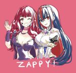  2girls ;d alear_(female)_(fire_emblem) alear_(fire_emblem) blue_eyes blue_hair bow bowtie breasts brown_eyes choker cleavage commentary fire_emblem fire_emblem_engage hand_up heterochromia highres juliet_sleeves large_breasts long_hair long_sleeves looking_at_viewer multicolored_hair multiple_girls one_eye_closed open_mouth pink_choker puffy_sleeves red_background red_eyes red_hair shirt simple_background smile split-color_hair streaked_hair umi_(_oneinchswing) upper_body very_long_hair white_bow white_bowtie white_shirt yunaka_(fire_emblem) 
