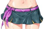  1girl asake_ameji belt commentary_request cowboy_shot grey_skirt horse_girl mejiro_palmer_(umamusume) midriff navel navel_focus purple_belt simple_background skirt solo sweat umamusume white_background 