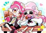 1boy 1girl beanie chocolate closed_eyes commentary feeding hat heart highres inkling_girl inkling_player_character long_hair mohawk octoling_boy octoling_player_character on_bench open_mouth pink_hair pink_headwear pointy_ears red_eyes short_hair sitting sparkle splatoon_(series) splatoon_3 symbol-only_commentary tentacle_hair thick_eyebrows white_background wooden_bench yoshishi_(yosisitoho) 