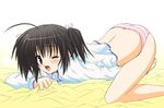  ahoge bed_sheet black_hair blush clothed_masturbation masturbation one_eye_closed open_mouth panties sheet_grab short_hair solo striped striped_panties to_heart_2 top-down_bottom-up twintails underwear waiai yuzuhara_konomi 